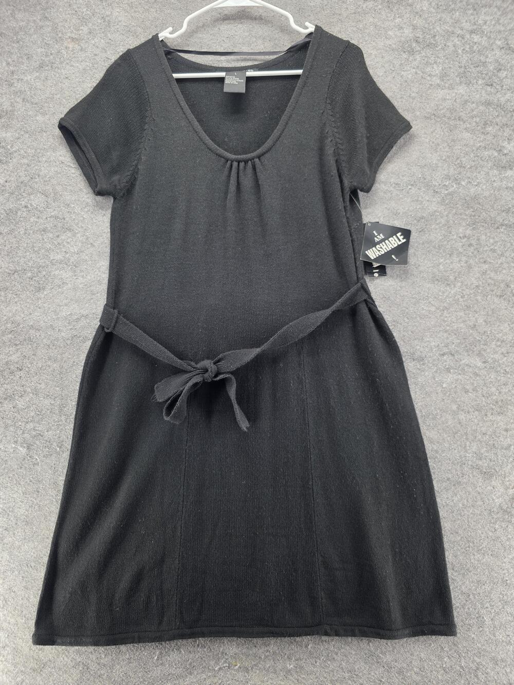 Madison Leigh Dress Womens L Black Belted Sweater Short Sleeve Scoop Neck Knit